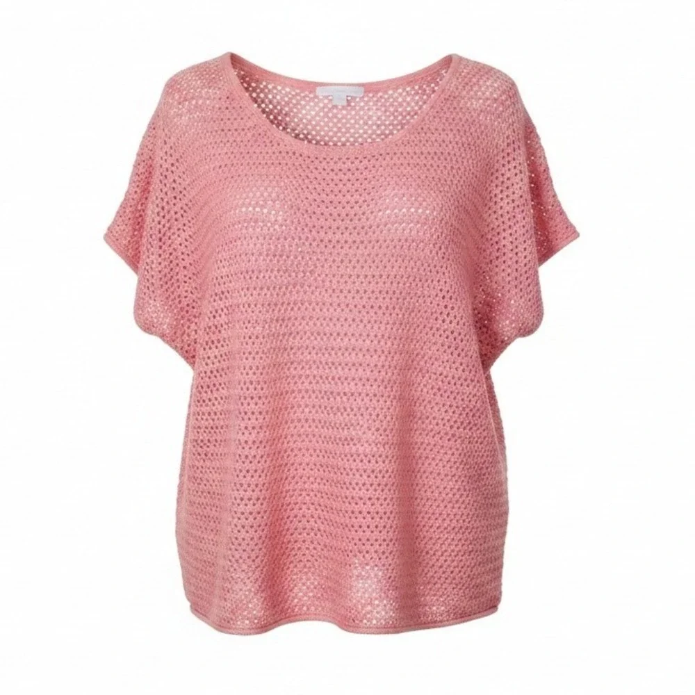 New York & Company Pink Summer Open Knit Crochet Short Sleeve Top XL